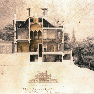 Section through the Gothick Villa. Drawn by Francis Terry, exhibited at the RA, 1993. Pencil on paper.