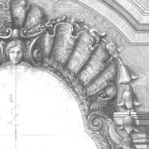 Full size Cartouche. Tapestry Drawing Room, Castle Howard. Drawn by Francis Terry 2023