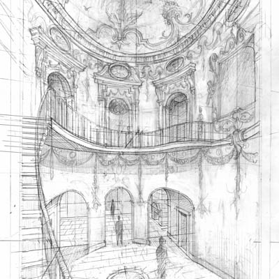 Design development sketch of inner hall at Kilboy. Francis Terry. Pencil on tracing paper, 2009.