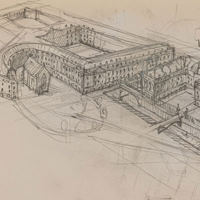 Chelsea Barracks proposal, drawn by Francis Terry, pencil, 2009.