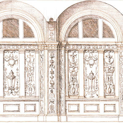 Decorative Interior, drawn by Francis Terry, pen and ink, 2004.