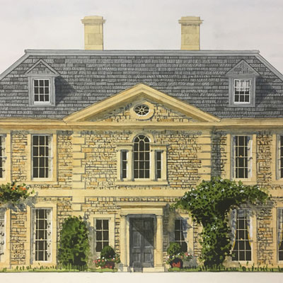 House in Oxfordshire. Watercolour by Francis Terry, 2018.