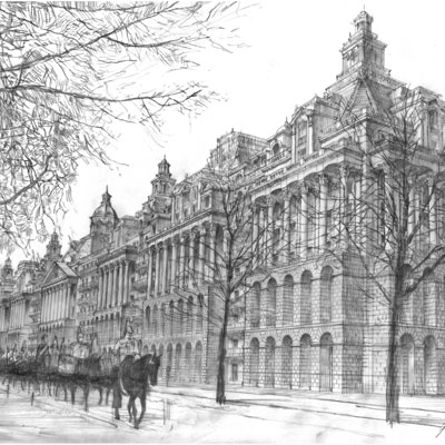 Perspective of proposed New development for Knightsbridge Barracks. Drawn by Francis Terry, 2014.