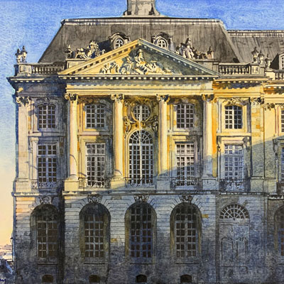Place de la Bourse, Bordeaux. Watercolour painted by Francis Terry, 2020.