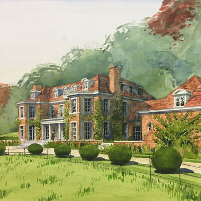 Country house in Hampshire. Watercolour by Francis Terry, 2017.
