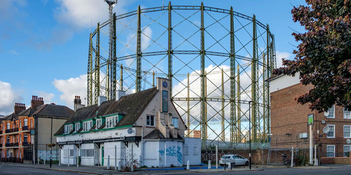 Gas holder and pub.